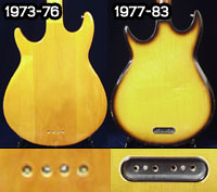 The Gibson Ripper bass stringthrough recess - initially 4 separate holes, but later (late 76 / early 1977) a recessed metal plate