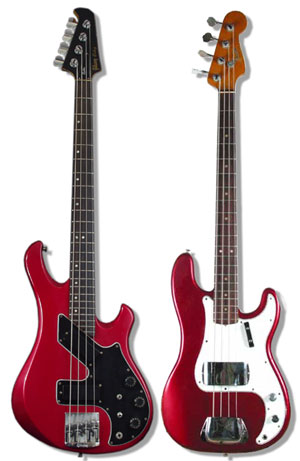 The Gibson Victory and Fender Precision bass guitars