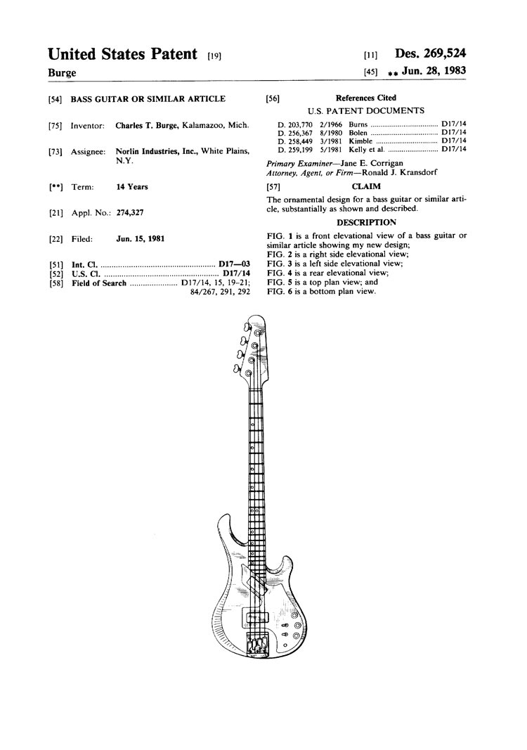 Gibson Victory bass design patent, filed 1981, granted 1983 - page 1
