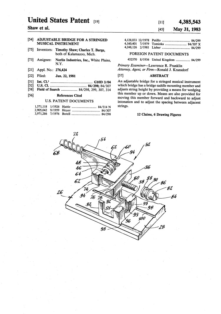 Gibson adjustable bridge patent, filed 1981, granted 1983 - page 1